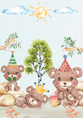Naklejka premium Cute Bear Watercolor, Woodland Forest Nursery Decor, Animal Illustration for Kids, Clipart for Children’s Books and Cards