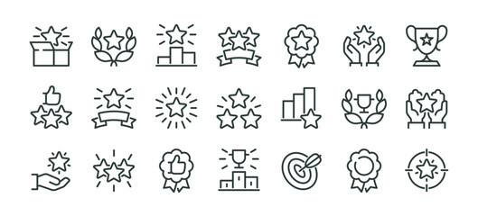 Exclusive Benefit, Special Offer, Best Award, High Rank Premium Icons Pack. Such Line Signs as Champion Cup, Stars, Medal. Vector Icons Set for Web and App in Outline Style Editable Stroke.
