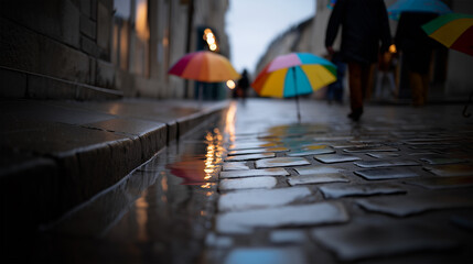 Obraz premium Rainy City Evening Scene with Lights and Pavement