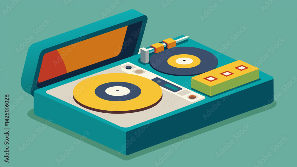 Poster a foldable portable record player with builtin rechargeable batteries and a carrying case. vector il