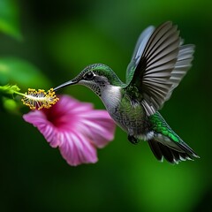 Fototapeta premium Hummingbird in flight, feeding on a vibrant hibiscus flower