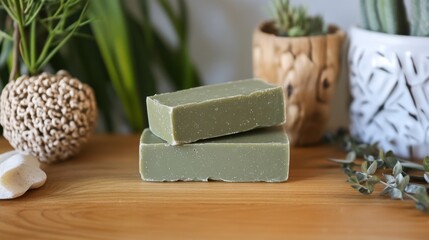 Two bars of green handmade soap resting on a wooden surface.