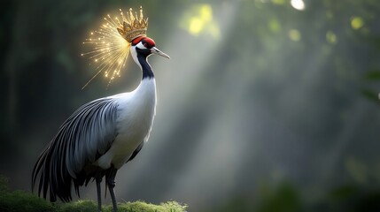 Fototapeta premium Crowned Crane Majestically Poses in Forest Mist