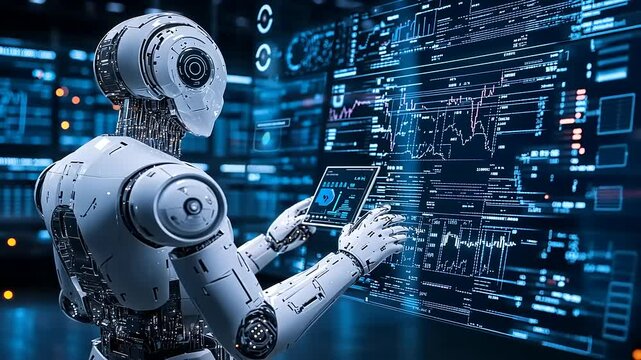 Advanced Robot Analyzing Data in Futuristic Environment