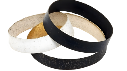 Abstract 3D Illustration Of Intertwined Gold White And Black Rings On Transparent Background