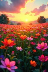 Obraz premium Vibrant Cosmos Field at Sunset A Serene Landscape of Blossoms Bathed in Golden Light
