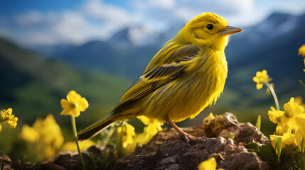 Yellow Bird Perched on Rock Amidst Yellow Flowers and Mountain Background