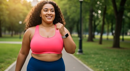 Woman enjoying a brisk walk in the park on a sunny day, radiant with health and sporting fitness apparel.