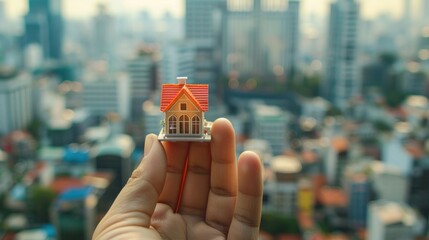 A miniature house model held in hand against a backdrop of a bustling city skyline, contrasting urban living with suburban ideals.