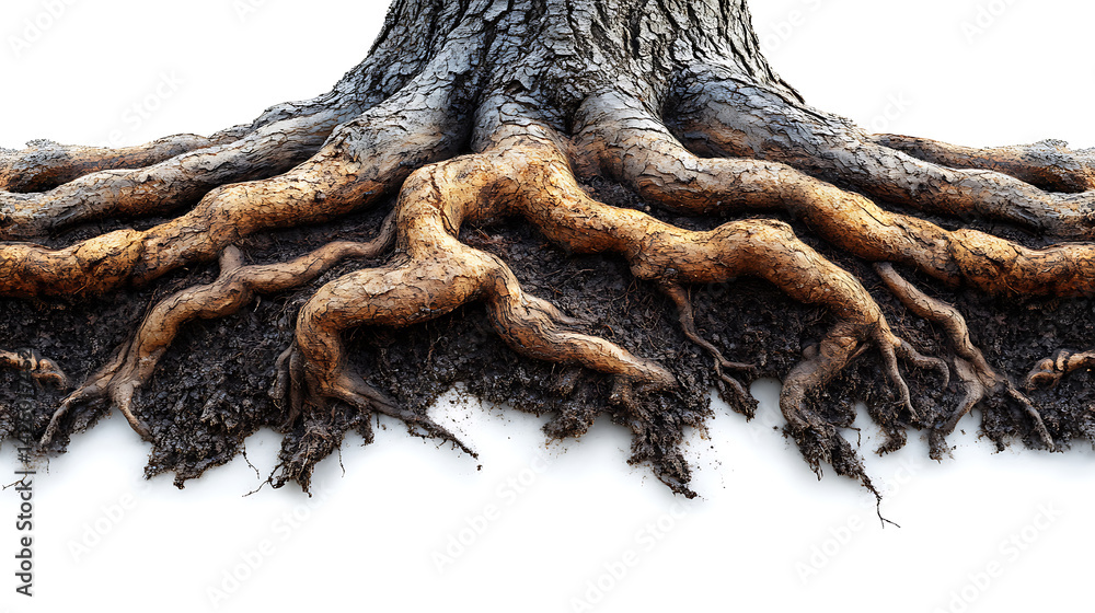 Poster tree roots spreading in dark soil isolated on white background detailed closeup