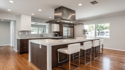 Fototapeta premium Bright, modern kitchen with sleek cabinets and stainless steel appliances after renovation - stove dishes sleek cooking organic