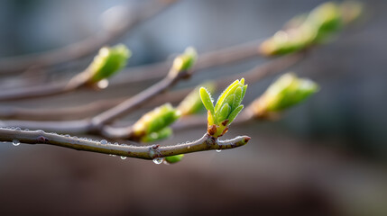 Tiny Water Drops on Sprouting Twig Close Up