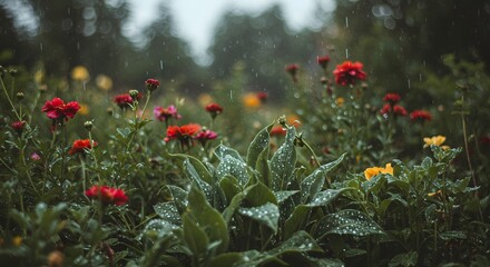 Obraz premium raindrops on leaves and flowers