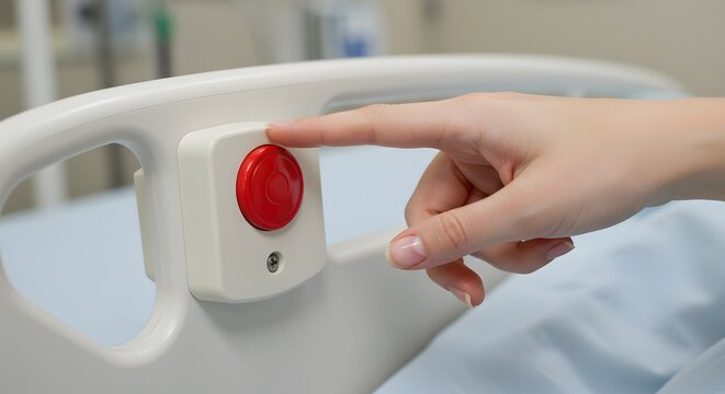 A person's hand presses a red call button on the side rail of a white hospital bed in a medical setting.