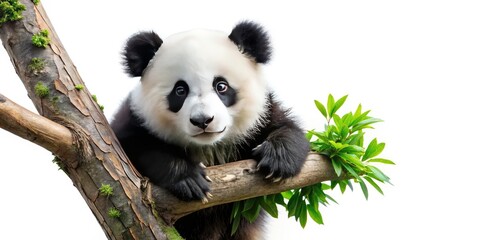 Naklejka premium Adorable Baby Panda Climbing Tree, Aerial View, Cute Panda Cub in Bamboo Forest, High Angle Shot