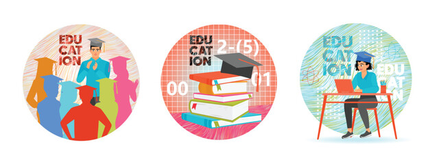 Obraz premium Formal education in schools features stacks of Books with graduation caps.