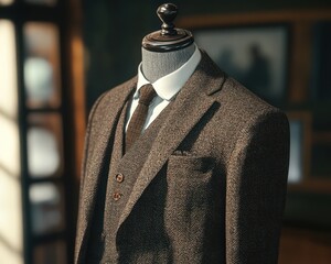Brown tweed three piece suit mannequin