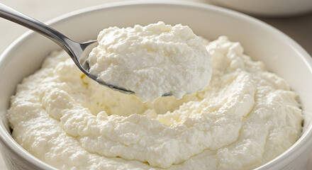 Delicious Creamy Cottage Cheese in Bowl With Spoon Ready to Eat