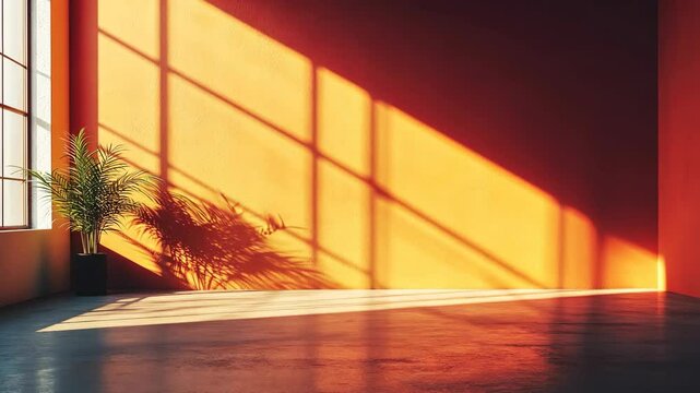 Plant lit by sunlight in an empty interior with orange walls and grey floor