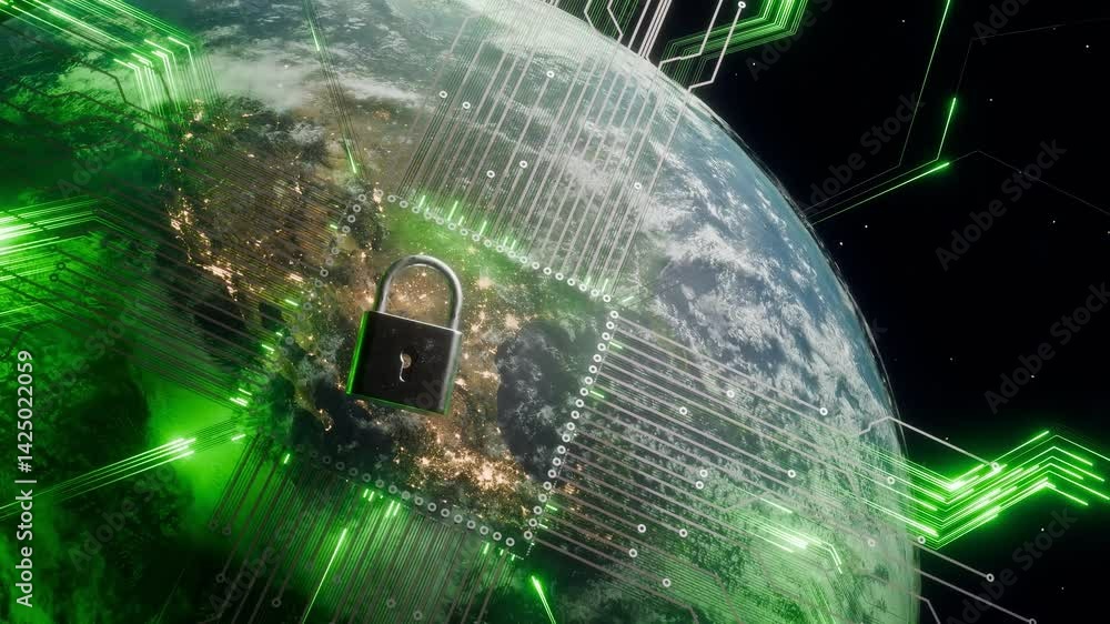 Poster digital padlock over north and central america on planet earth surrounded by cyber network lines and