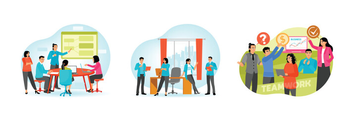 Fototapeta premium Managers and employees collaborate in brainstorming sessions and work discussions.