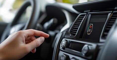 Obraz premium A person is pointing at the radio in a car