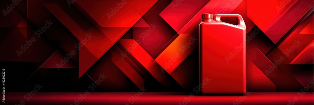 Poster bright red jerrycan standing prominently against a vibrant abstract geometric background filled with