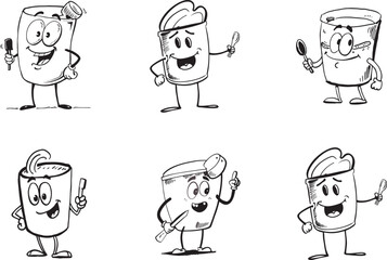 Cartoon cans with faces holding spoons knives and corkscrews black and white style