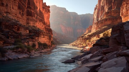 Majestic grand canyon vista showcasing the tranquil colorado river framed by majestic rocky cliffs natural light