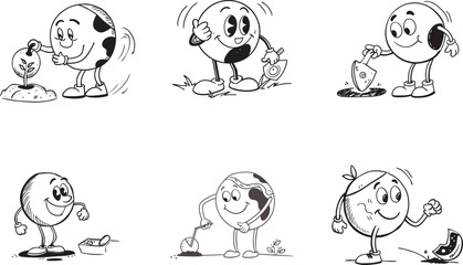 Cartoon character actions gardening planting digging seeds black and white illustration