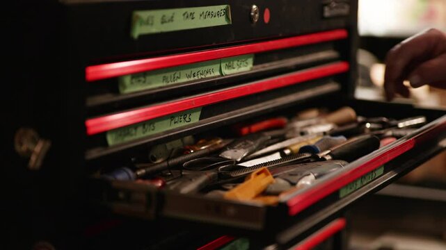 A hand reaches into a workshop toolbox filled with various tools. Each drawer is labeled, indicating the organized arrangement of essential equipment for repair or construction tasks.