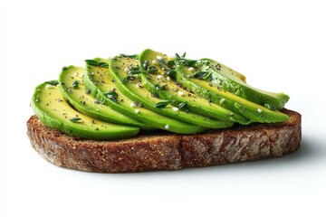 Toasted brown bread topped with sliced green avocado seasoning herbs healthy delicious vibrant color flat lay