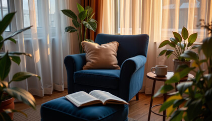 cozy nook featuring blue armchair with soft pillow, surrounded by lush green plants and warm sunlight filtering through sheer curtains. This inviting space is perfect for relaxation and reading