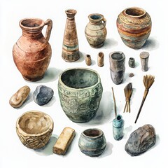 Various Ancient Pottery and Artifacts on a Light Background