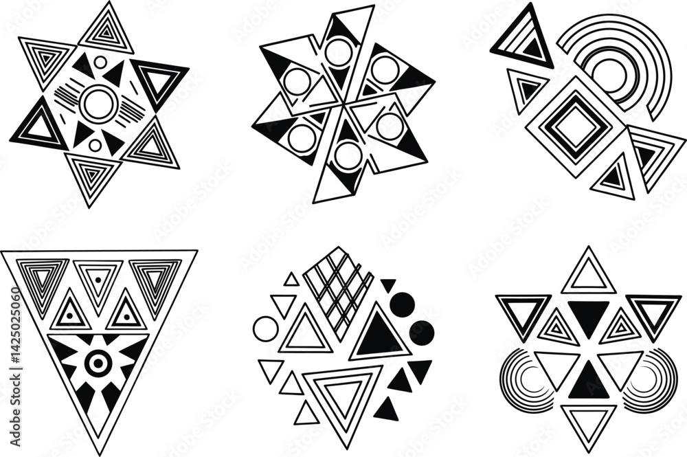Aufkleber collection of abstract geometric shapes with triangle and circle elements in black and white