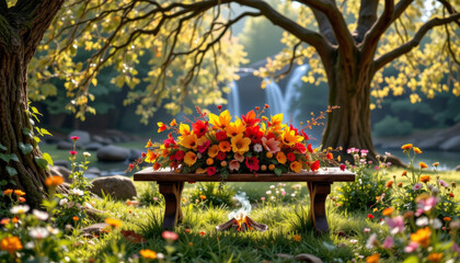 vibrant floral arrangement sits on rustic wooden table in sun dappled glade, surrounded by colorful flowers and lush greenery, evoking serene and joyful atmosphere
