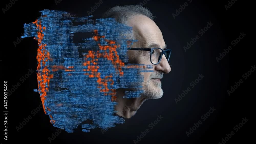 Poster profile of a man with digital data overlay representing technology and innovation in a futuristic co