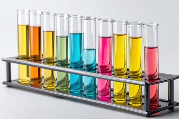 Laboratory setup with colorful liquids in glass tubes in the research rack chemistry research medicine science