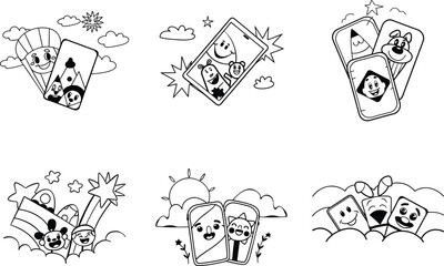 Fototapeta premium Black and white outline set of smartphone cartoon characters in the sky illustration