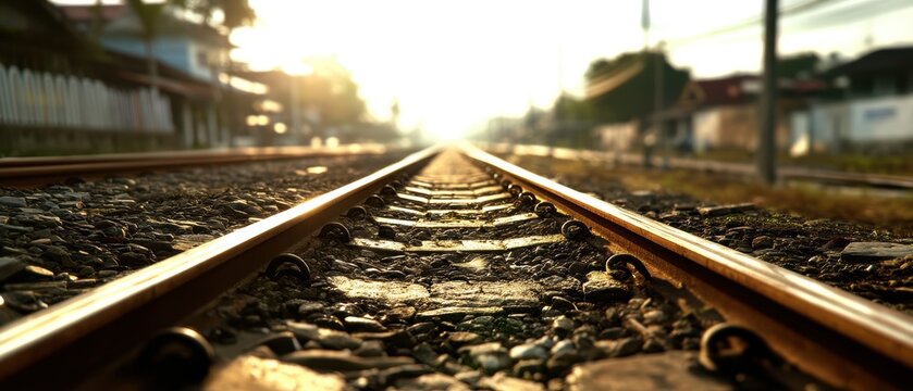 Railway tracks stretching toward horizon in golden light perspective of infinite possibility future path