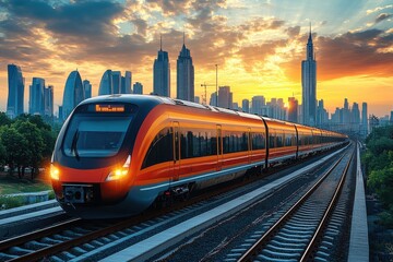 Naklejka premium A train is traveling down the tracks with a sunset in the background