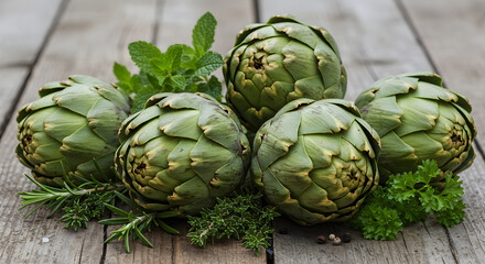 Obraz premium Fresh Artichokes Displayed With Various Herbs On A Rustic Wooden Surface