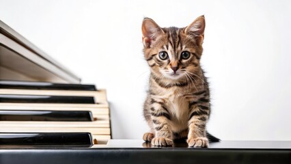 Curious Kitten Piano Jump, Playful Cat Photo, Feline Photography, Adorable Kitten Images, Candid Animal Pictures