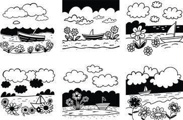 Black and white doodles of boats flowers and clouds on water collection