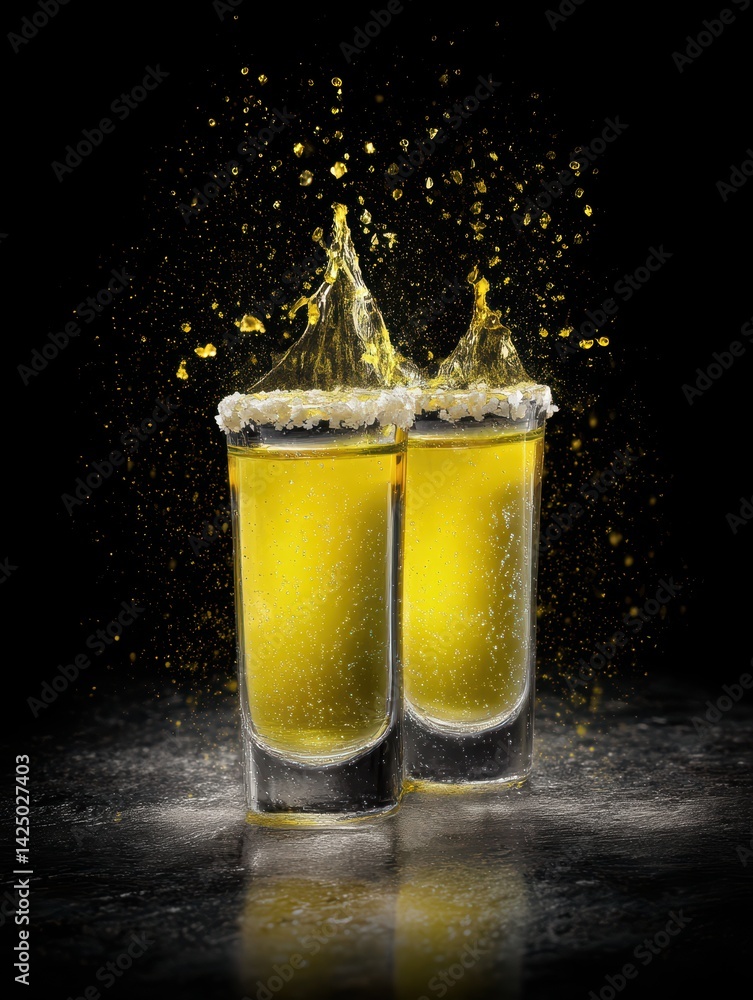 Poster two elegant glasses with yellow liquid create a dynamic splash against dark backdrop enhancing the m
