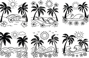 Obraz premium Tropical beach vector illustration with palm trees sun waves and flowers
