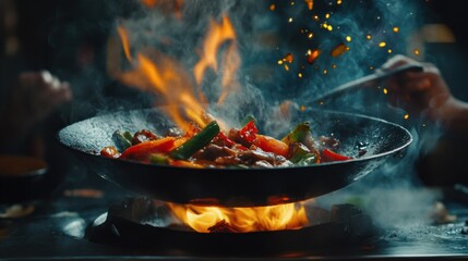 Spicy stir-fry cooking in a wok over a hot flame.  Food being tossed in a wok.