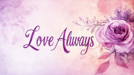 A floral declaration Love Always in purple script adorned with a lush rose