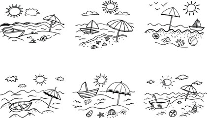 Black and white doodles of summer beach scenes with boats and umbrellas