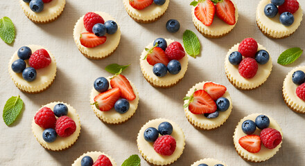 Delightful Mini Cheesecakes Topped With Fresh Strawberries, Raspberries, And Blueberries